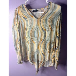 APNY Abstract Marble Swirl Blouse Hippie Cupro V Neck Long Sleeve Artsy Small